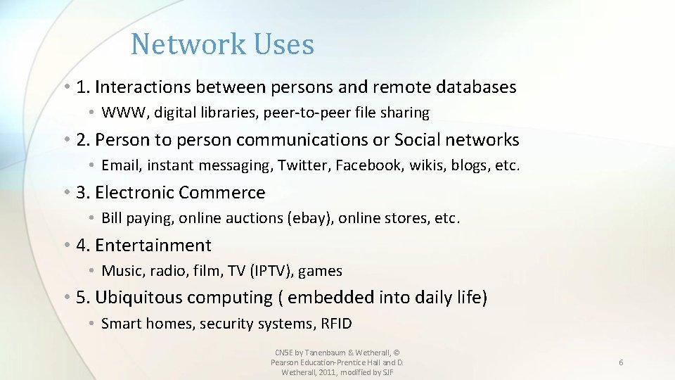 Network Uses • 1. Interactions between persons and remote databases • WWW, digital libraries,
