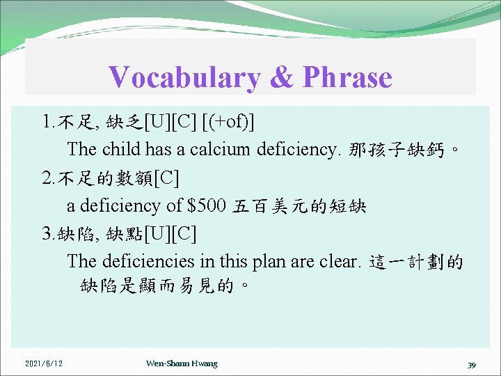 Vocabulary & Phrase 1. 不足, 缺乏[U][C] [(+of)] The child has a calcium deficiency. 那孩子缺鈣。