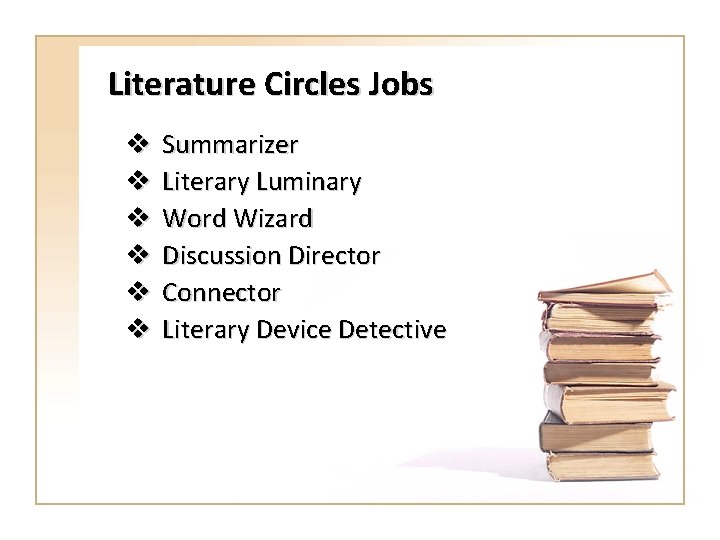 Literature Circles Jobs v v v Summarizer Literary Luminary Word Wizard Discussion Director Connector