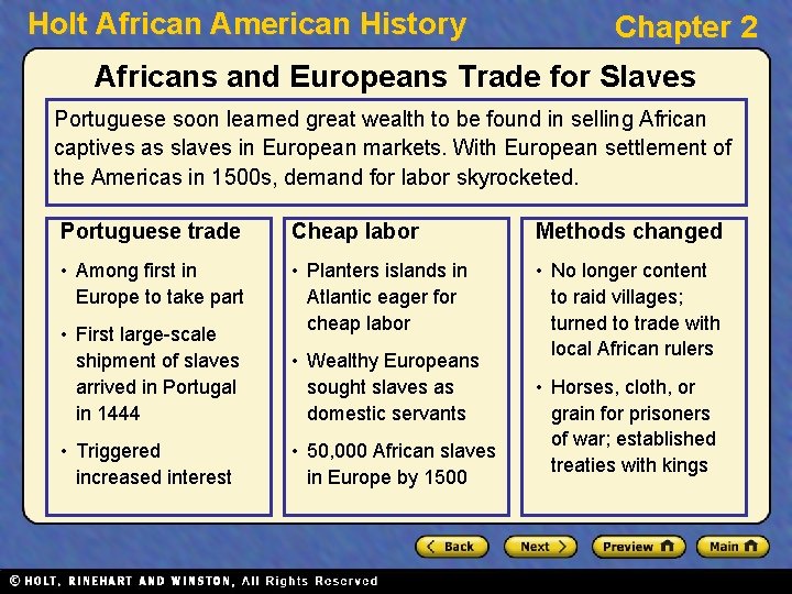 Holt African American History Chapter 2 Africans and Europeans Trade for Slaves Portuguese soon