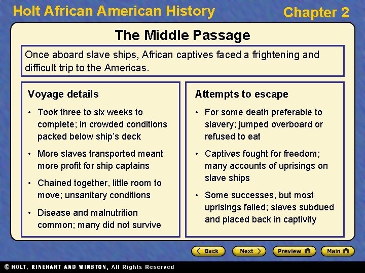 Holt African American History Chapter 2 The Middle Passage Once aboard slave ships, African
