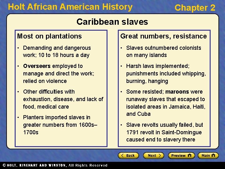 Holt African American History Chapter 2 Caribbean slaves Most on plantations Great numbers, resistance