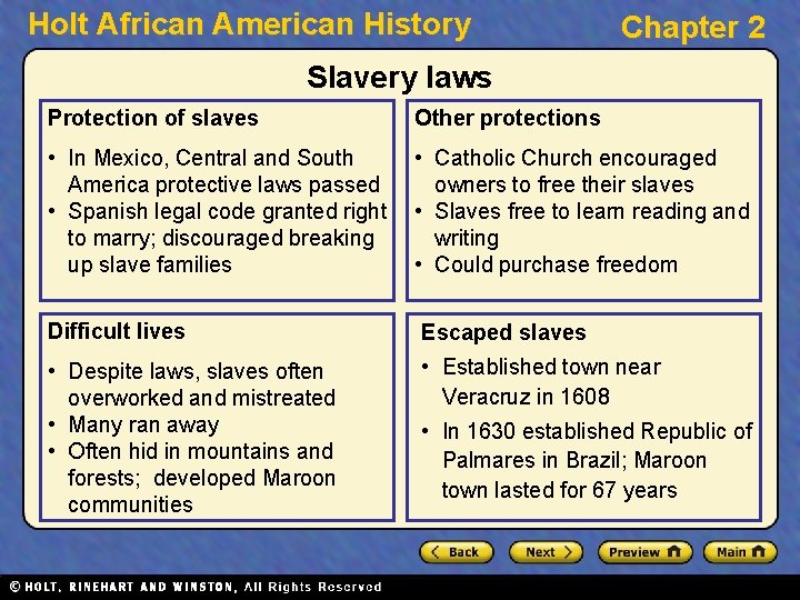 Holt African American History Chapter 2 Slavery laws Protection of slaves Other protections •