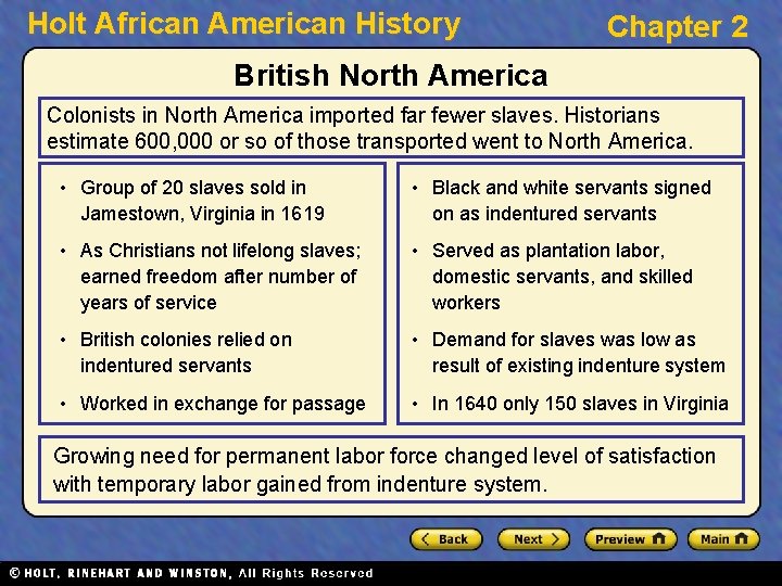 Holt African American History Chapter 2 British North America Colonists in North America imported