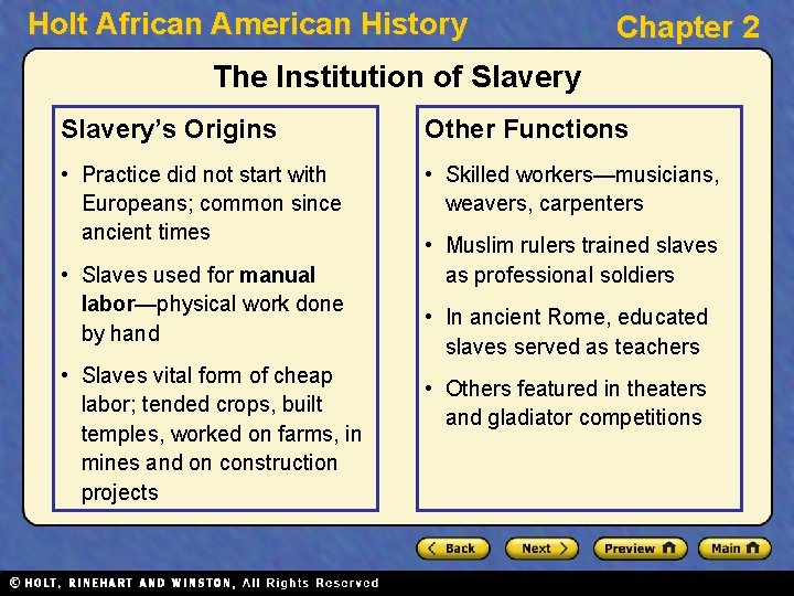 Holt African American History Chapter 2 The Institution of Slavery’s Origins Other Functions •