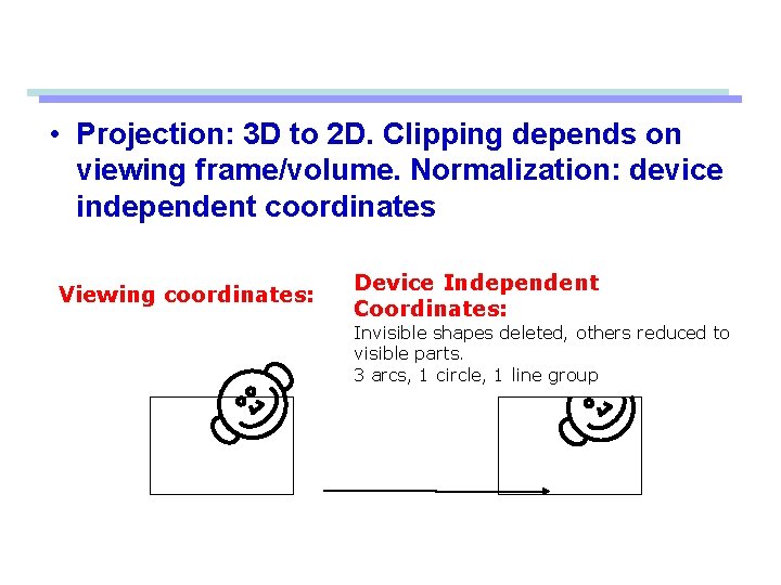  • Projection: 3 D to 2 D. Clipping depends on viewing frame/volume. Normalization: