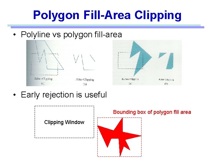 Polygon Fill-Area Clipping • Polyline vs polygon fill-area • Early rejection is useful Bounding