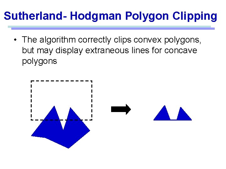 Sutherland- Hodgman Polygon Clipping • The algorithm correctly clips convex polygons, but may display