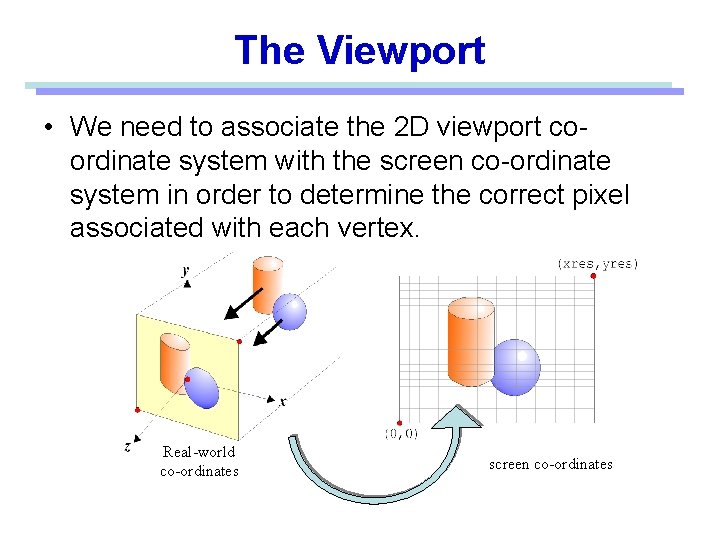 The Viewport • We need to associate the 2 D viewport coordinate system with