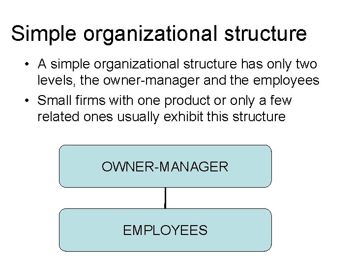 Simple organizational structure • A simple organizational structure has only two levels, the owner-manager