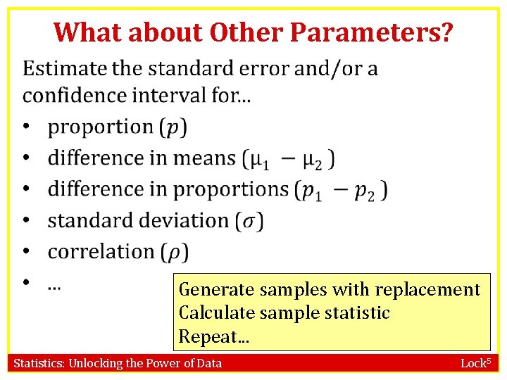 What about Other Parameters? Generate samples with replacement Calculate sample statistic Repeat. . .