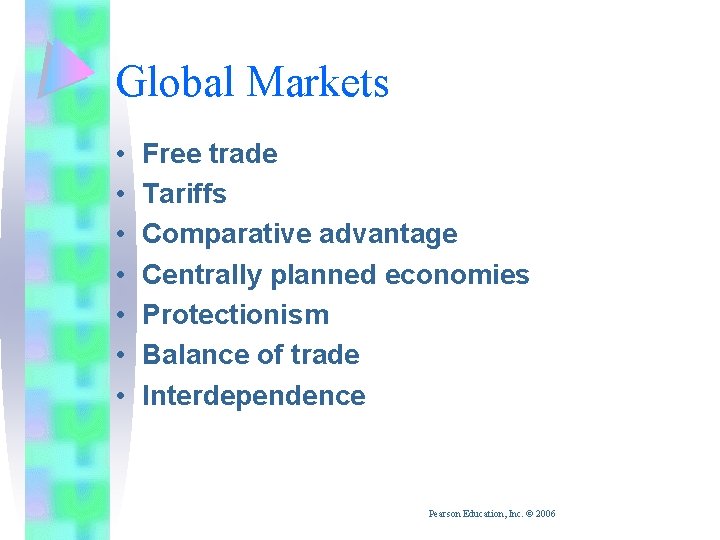 Global Markets • • Free trade Tariffs Comparative advantage Centrally planned economies Protectionism Balance