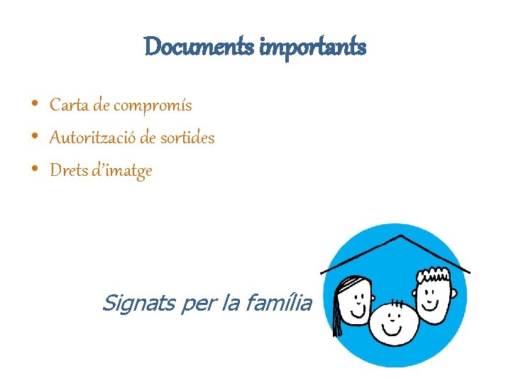 Documents importants • Carta de compromís • Autorització de sortides • Drets d’imatge Signats