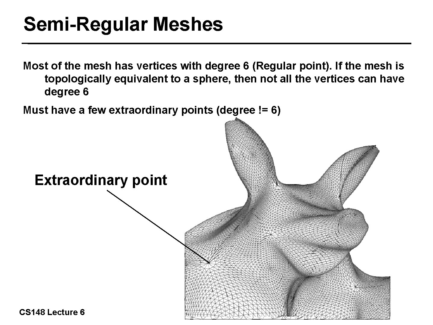 Semi-Regular Meshes Most of the mesh has vertices with degree 6 (Regular point). If