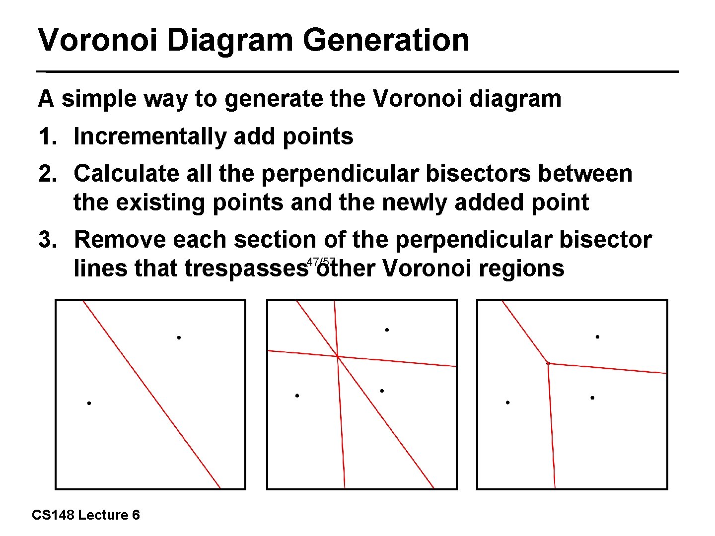 Voronoi Diagram Generation A simple way to generate the Voronoi diagram 1. Incrementally add