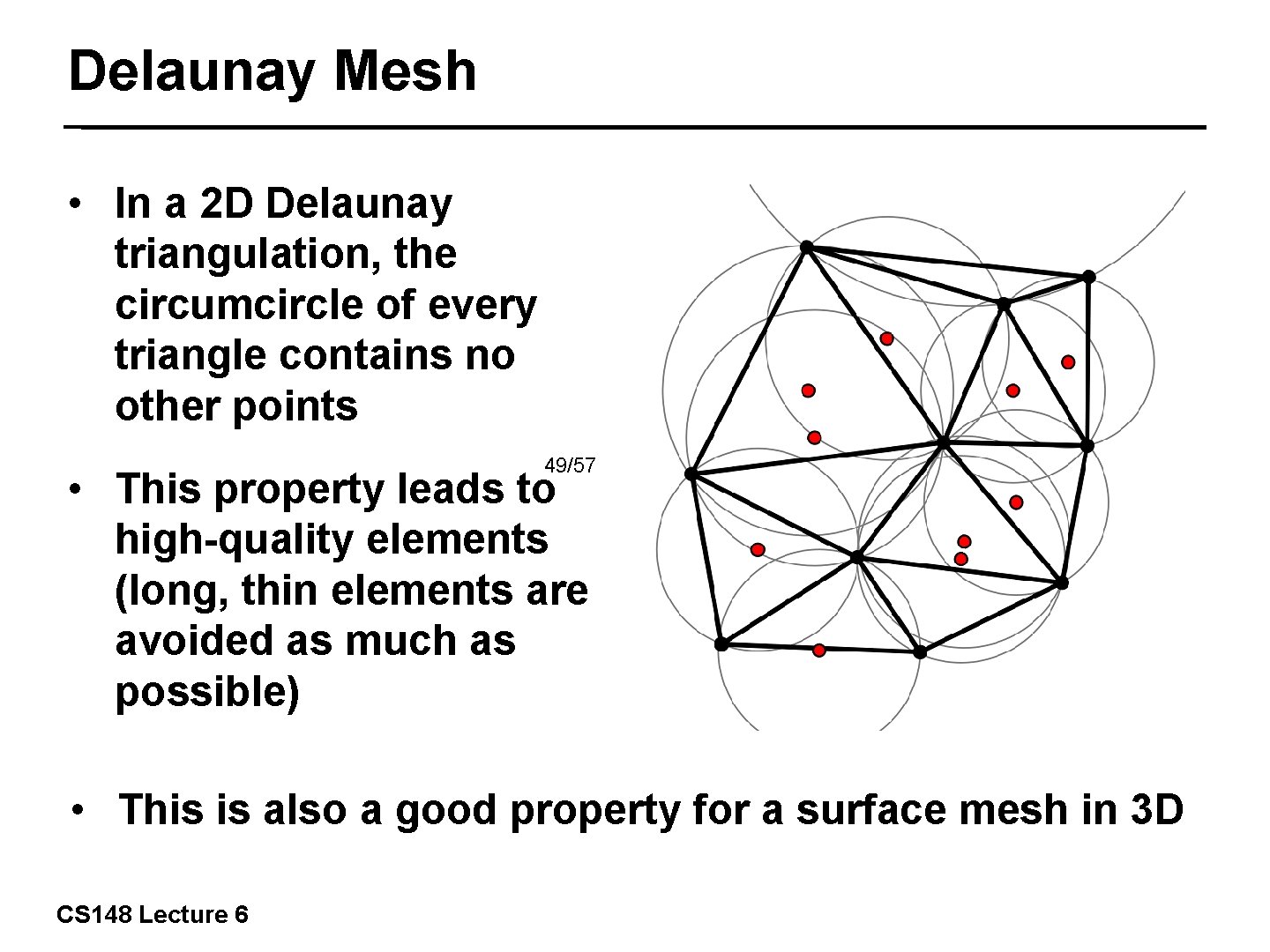 Delaunay Mesh • In a 2 D Delaunay triangulation, the circumcircle of every triangle
