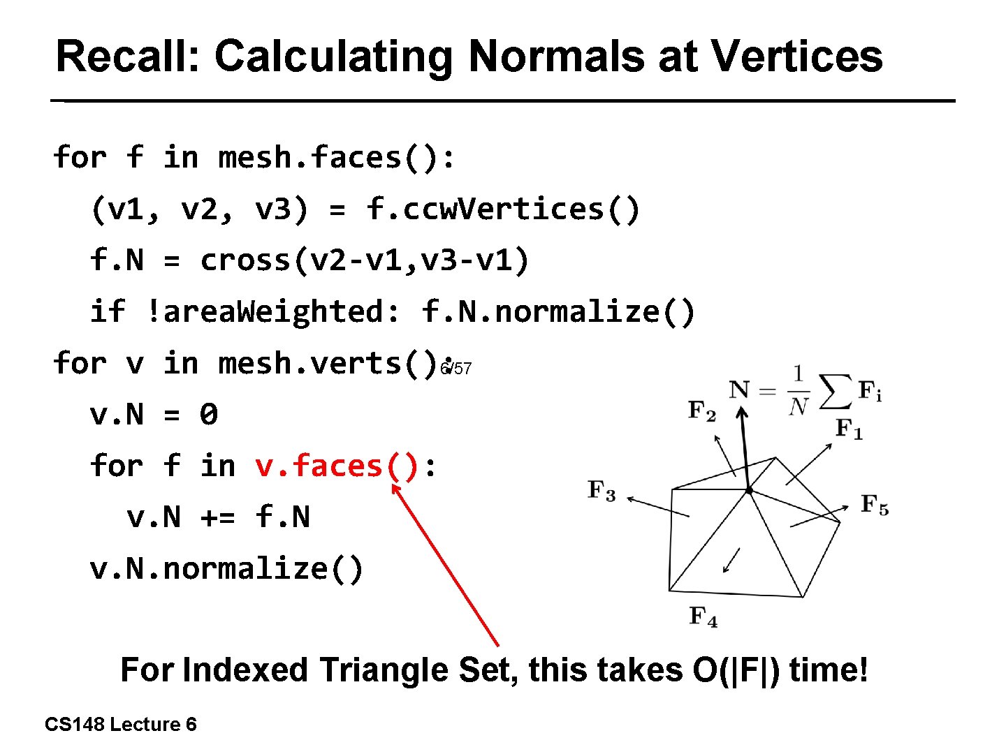 Recall: Calculating Normals at Vertices for f in mesh. faces(): (v 1, v 2,