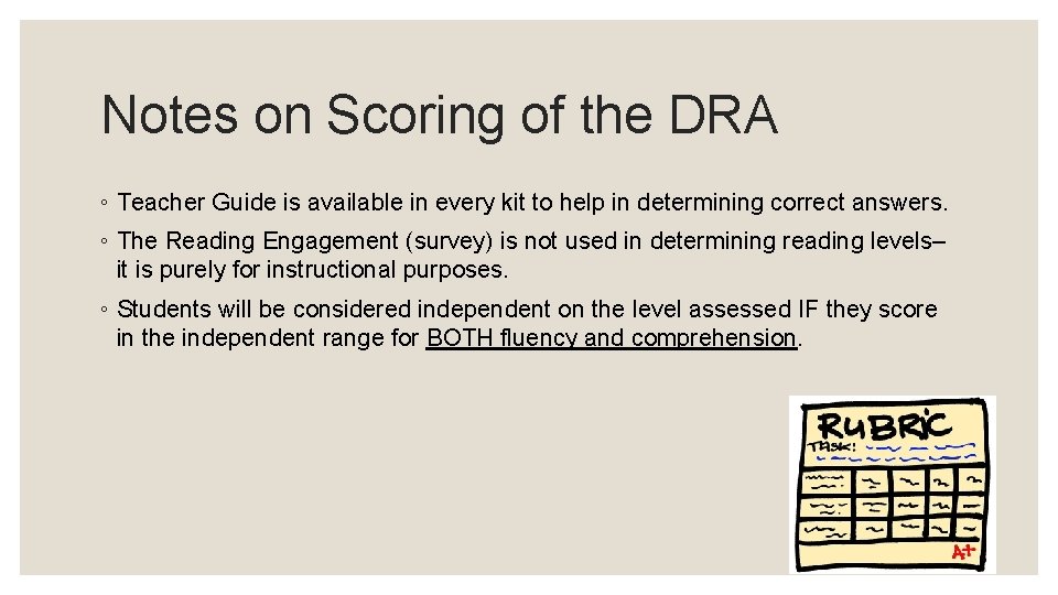 Notes on Scoring of the DRA ◦ Teacher Guide is available in every kit