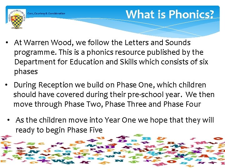 What is Phonics? • At Warren Wood, we follow the Letters and Sounds programme. What is Phonics? • At Warren Wood, we follow the Letters and Sounds programme.