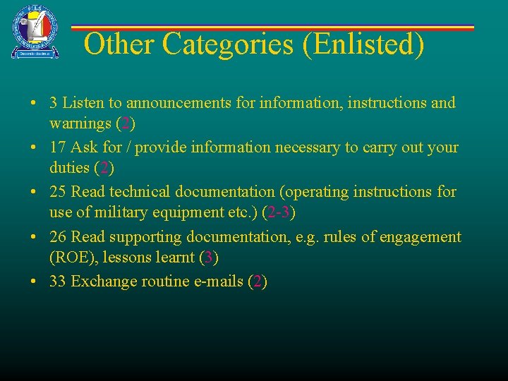 Other Categories (Enlisted) • 3 Listen to announcements for information, instructions and warnings (2)