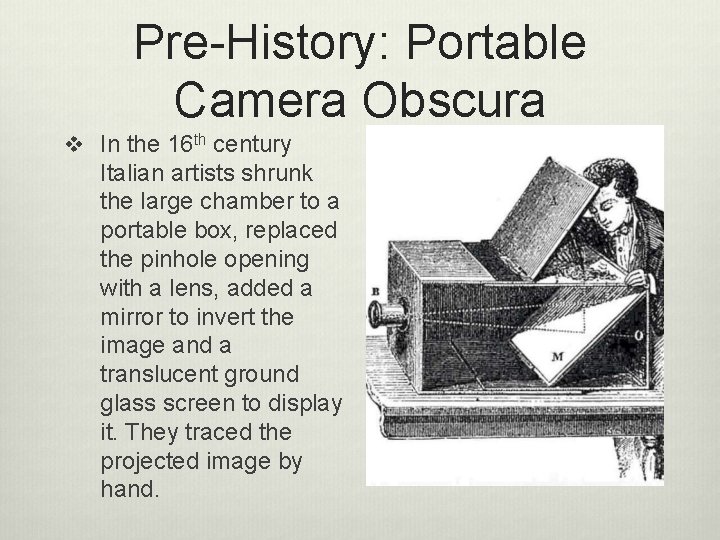 Pre-History: Portable Camera Obscura v In the 16 th century Italian artists shrunk the