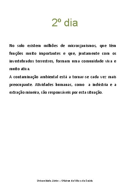 2º dia No solo existem milhões de microrganismos, que têm funções muito importantes e