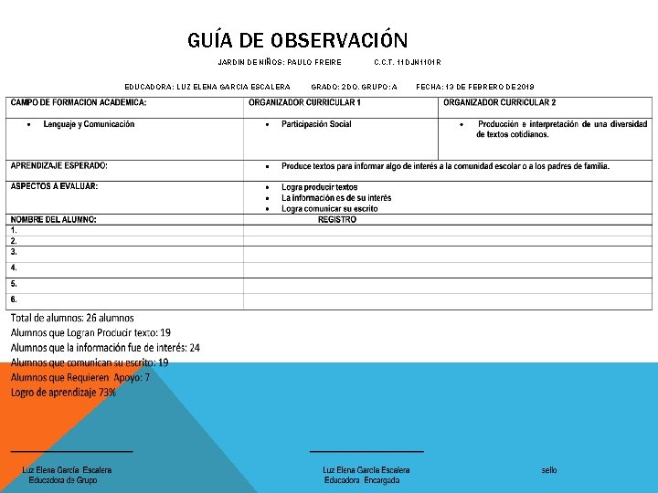 GUÍA DE OBSERVACIÓN JARDIN DE NIÑOS: PAULO FREIRE EDUCADORA: LUZ ELENA GARCIA ESCALERA C.