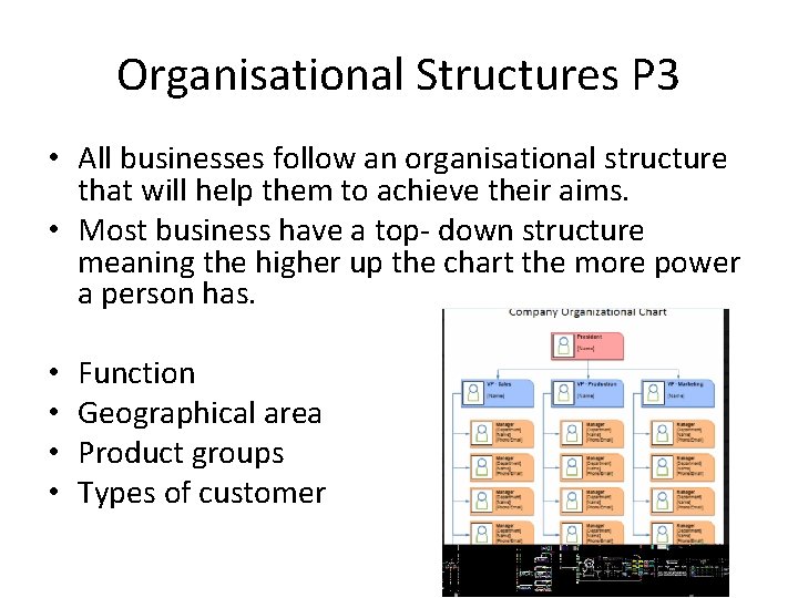 Organisational Structures P 3 • All businesses follow an organisational structure that will help