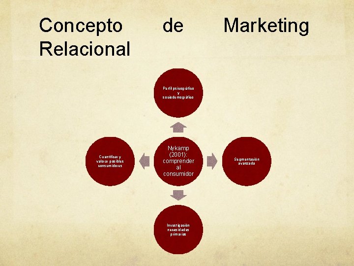 Concepto Relacional de Marketing Perfil psicográfico y sociodemográfico Cuantificar y valorar posibles consumidores Nykamp Concepto Relacional de Marketing Perfil psicográfico y sociodemográfico Cuantificar y valorar posibles consumidores Nykamp