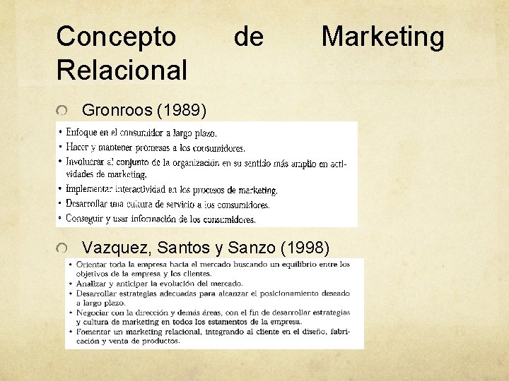Concepto Relacional de Marketing Gronroos (1989) Vazquez, Santos y Sanzo (1998) Concepto Relacional de Marketing Gronroos (1989) Vazquez, Santos y Sanzo (1998)
