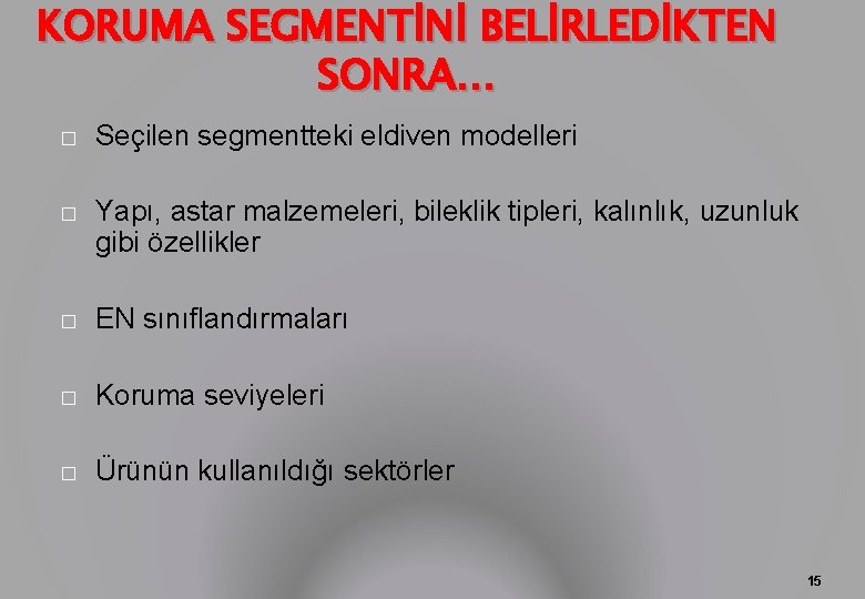 KORUMA SEGMENTİNİ BELİRLEDİKTEN SONRA… � Seçilen segmentteki eldiven modelleri � Yapı, astar malzemeleri, bileklik