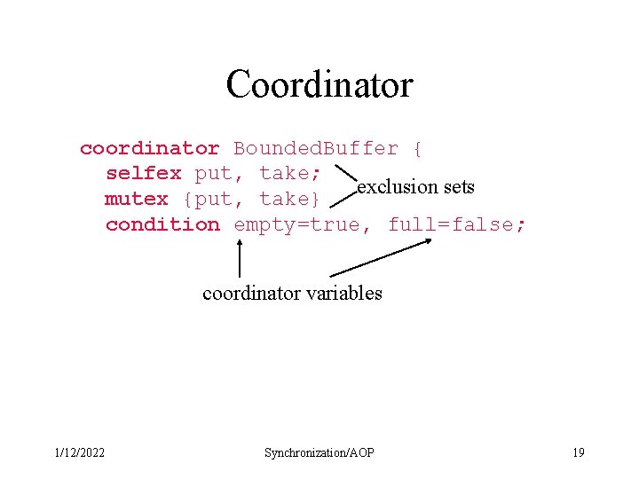 Coordinator coordinator Bounded. Buffer { selfex put, take; exclusion sets mutex {put, take} condition