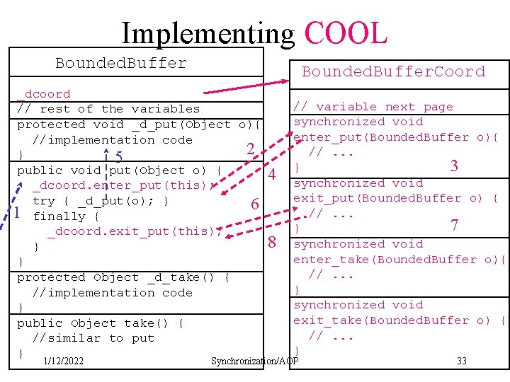 Implementing COOL Bounded. Buffer. Coord _dcoord // rest of the variables protected void _d_put(Object