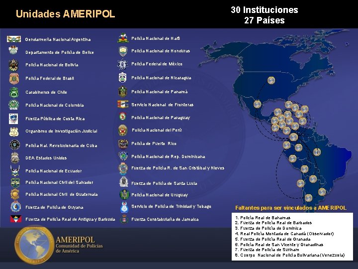 30 Instituciones 27 Países Unidades AMERIPOL Gendarmería Nacional Argentina Policía Nacional de Haití Departamento