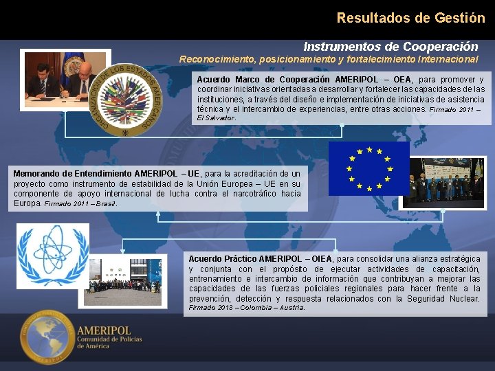 Resultados de Gestión Instrumentos de Cooperación Reconocimiento, posicionamiento y fortalecimiento Internacional Acuerdo Marco de