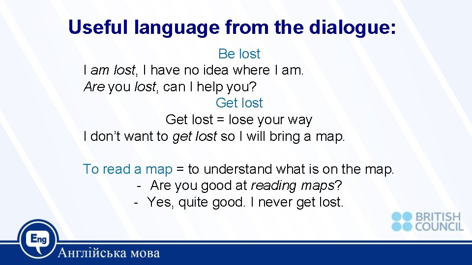 Useful language from the dialogue: Be lost I am lost, I have no idea