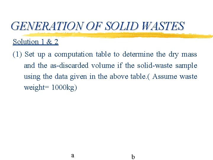GENERATION OF SOLID WASTES Solution 1 & 2 (1) Set up a computation table