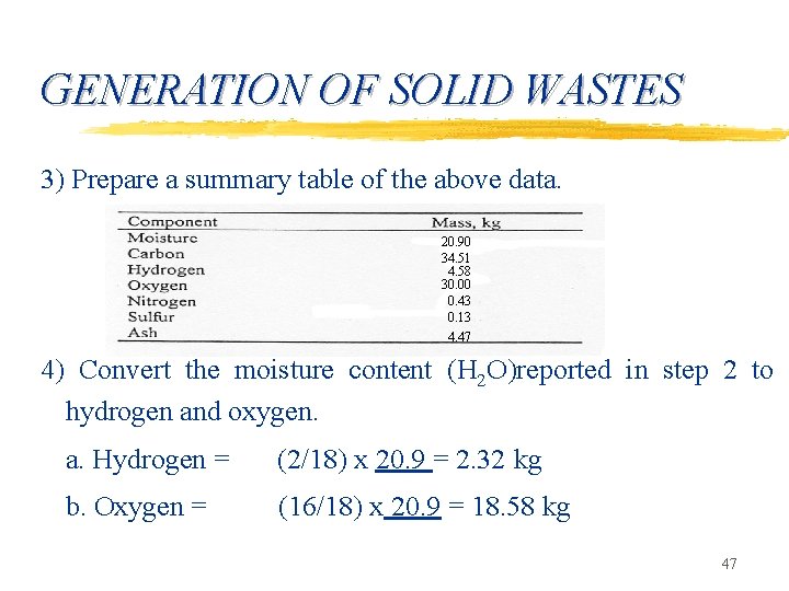 GENERATION OF SOLID WASTES 3) Prepare a summary table of the above data. 20.