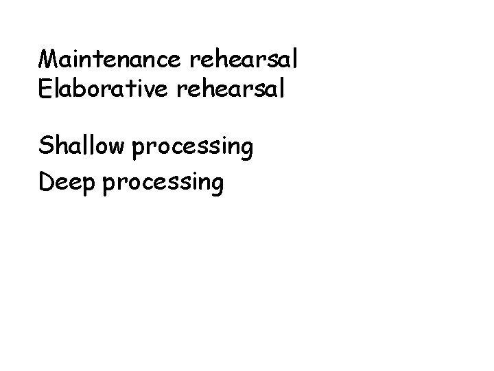 Maintenance rehearsal Elaborative rehearsal Shallow processing Deep processing 