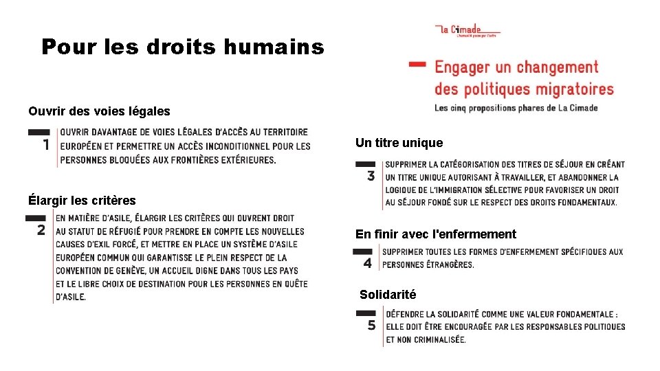 Pour les droits humains Ouvrir des voies légales Un titre unique Élargir les critères