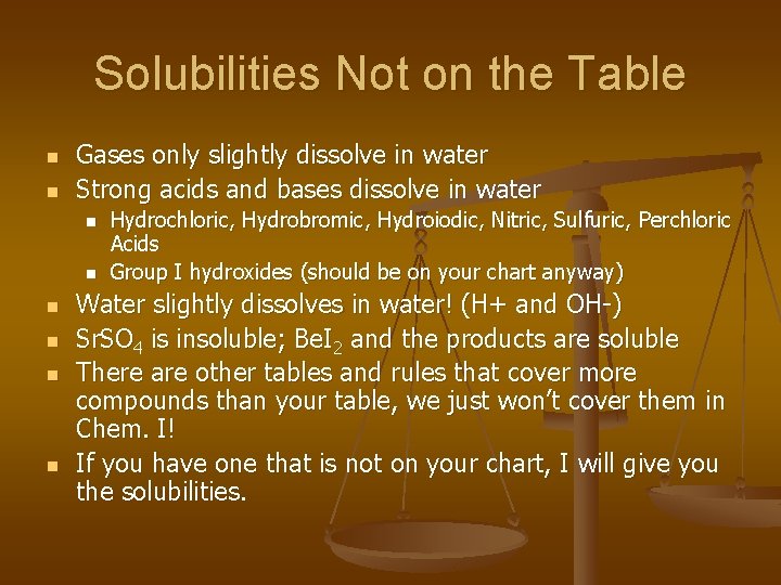 Solubilities Not on the Table n n Gases only slightly dissolve in water Strong