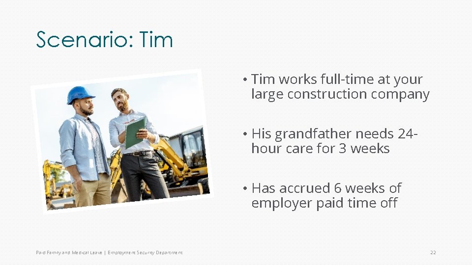 Scenario: Tim • Tim works full-time at your large construction company • His grandfather