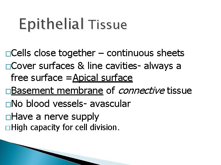 Epithelial Tissue �Cells close together – continuous sheets �Cover surfaces & line cavities- always