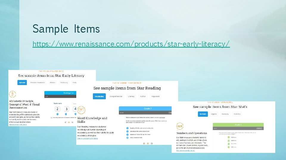 Sample Items https: //www. renaissance. com/products/star-early-literacy/ 