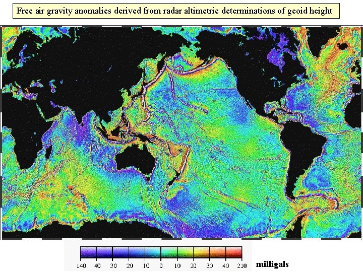 Free air gravity anomalies derived from radar altimetric determinations of geoid height milligals 