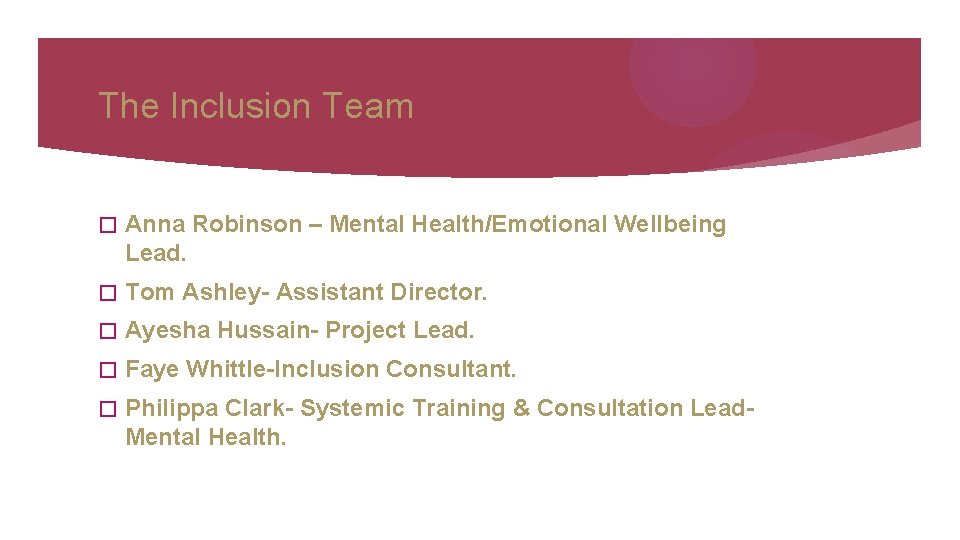 The Inclusion Team � Anna Robinson – Mental Health/Emotional Wellbeing Lead. � Tom Ashley-