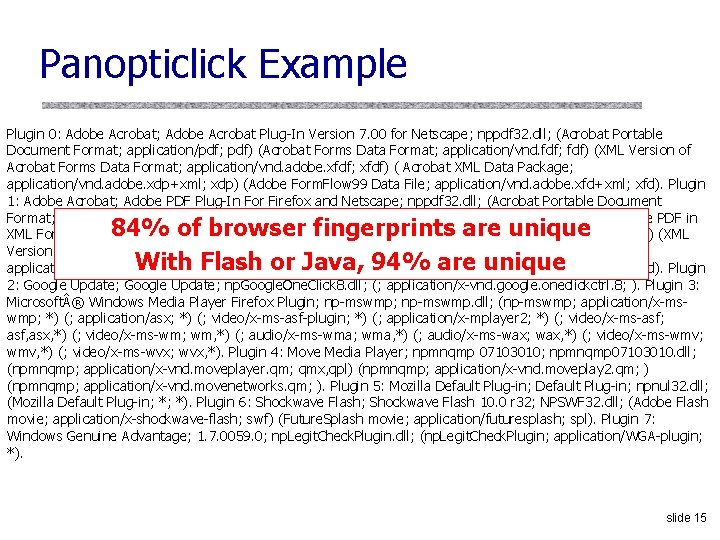 Panopticlick Example Plugin 0: Adobe Acrobat; Adobe Acrobat Plug-In Version 7. 00 for Netscape;
