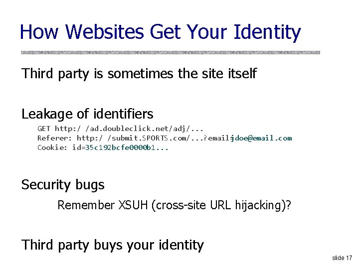How Websites Get Your Identity Third party is sometimes the site itself Leakage of