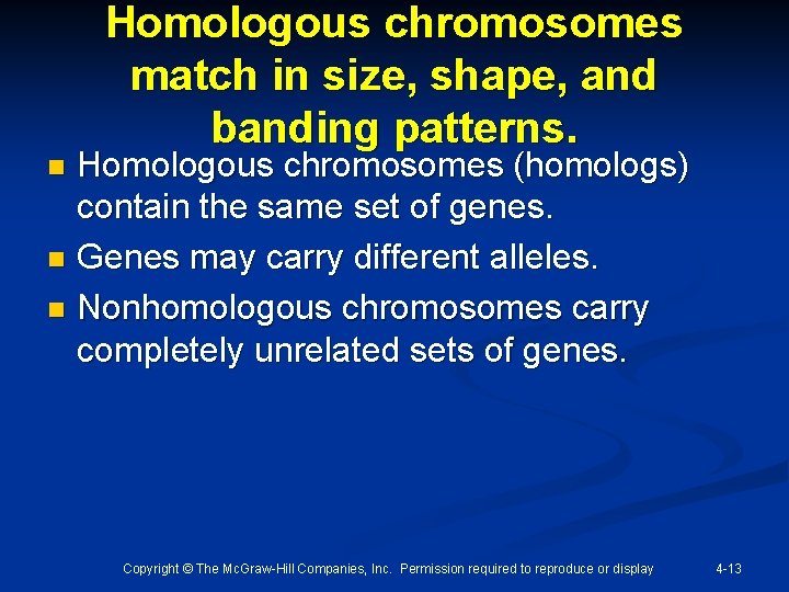 Homologous chromosomes match in size, shape, and banding patterns. Homologous chromosomes (homologs) contain the