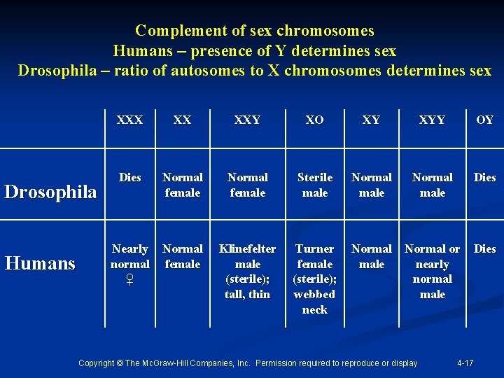 Complement of sex chromosomes Humans – presence of Y determines sex Drosophila – ratio